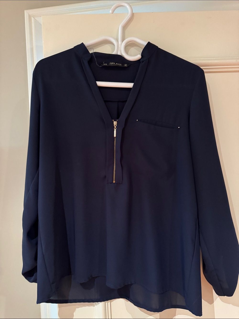 Zara Navy V-Neck Top with Gold Zip Detail